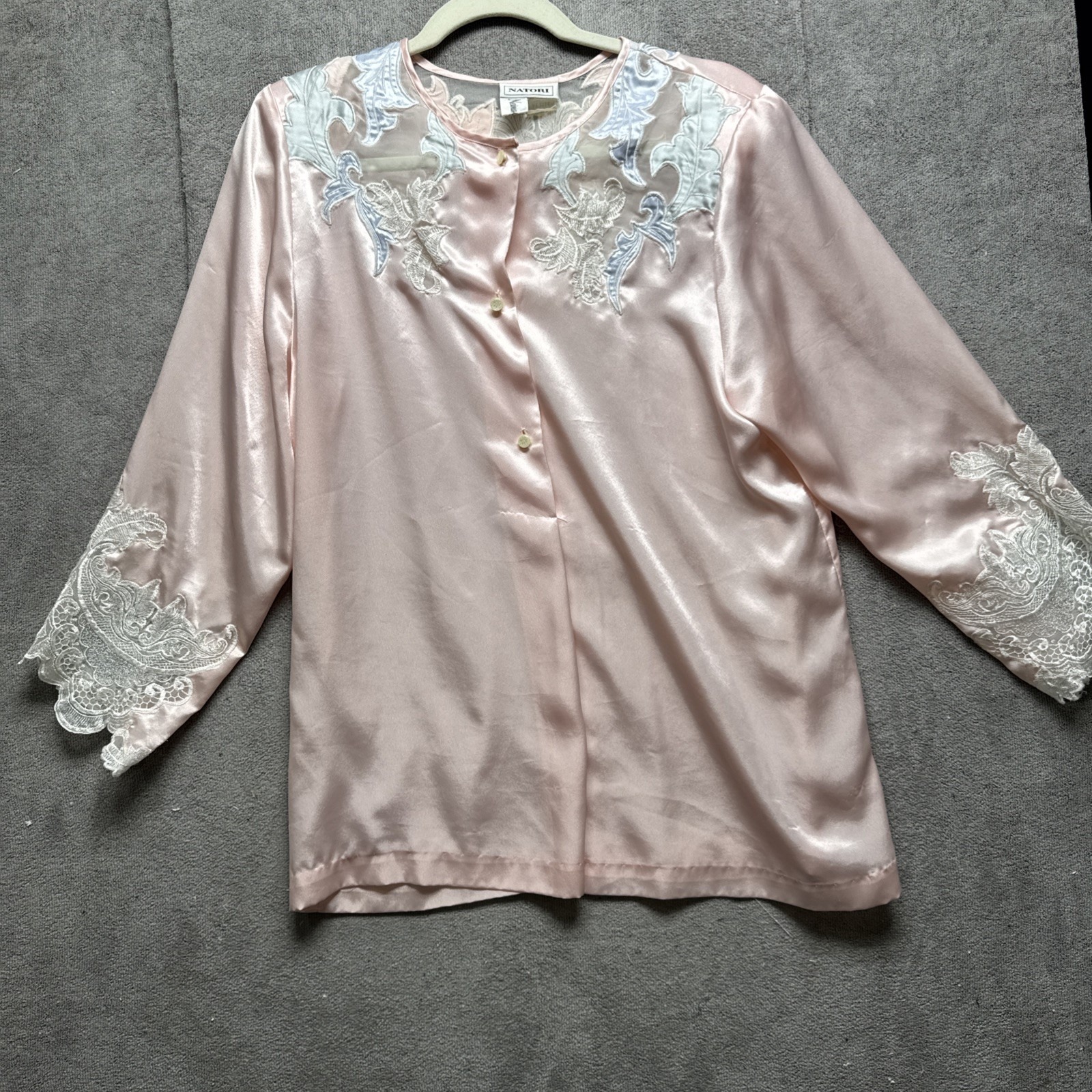 Natori For Neiman Marcus Satin Pajama Top Pink Lace Petite Sleep Shirt M Dainty